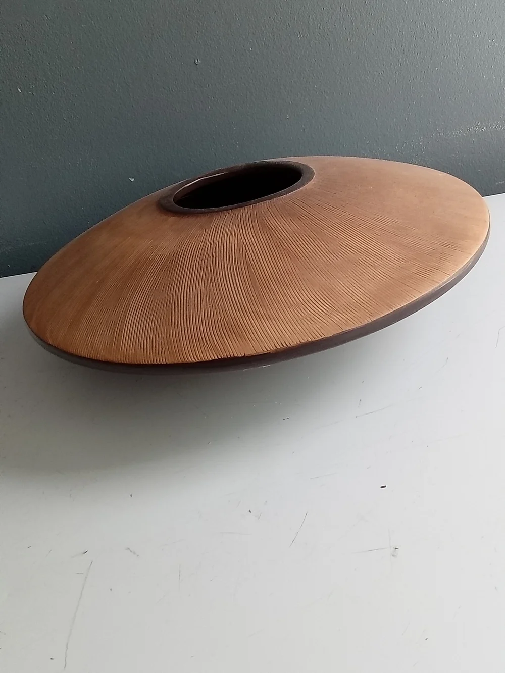 Vintage Studio Pottery Ikebana Vase Textured Terracotta UFO Sunburst Centerpiece